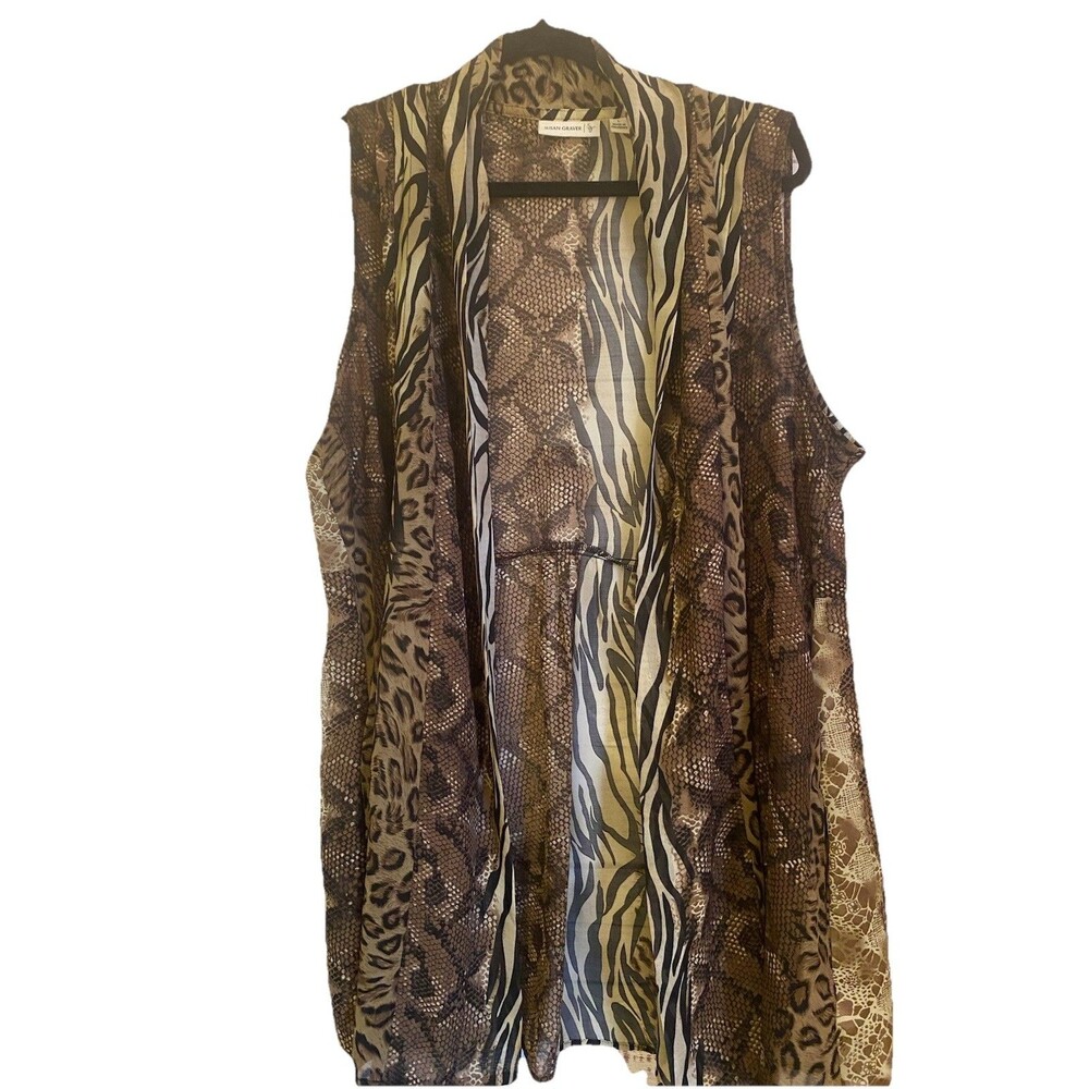 Susan Graver Cardigan SZ L Sleeveless Brown Multi Animal Prints Sheer Summer